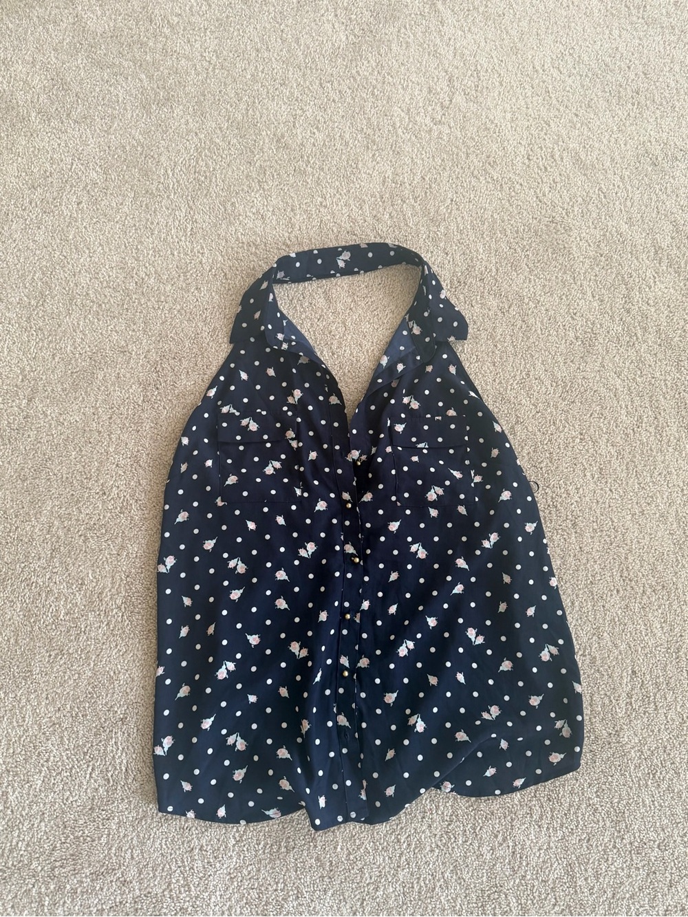 Eva Mendes for New York & Company Navy Polka Dot Floral Button-Front Top